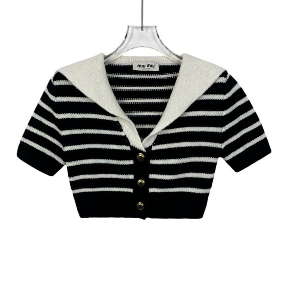 Miu Miu Striped Collar Knit Cardigan Sweater Black & White Short Sleeve Button F - Picture 1 of 8
